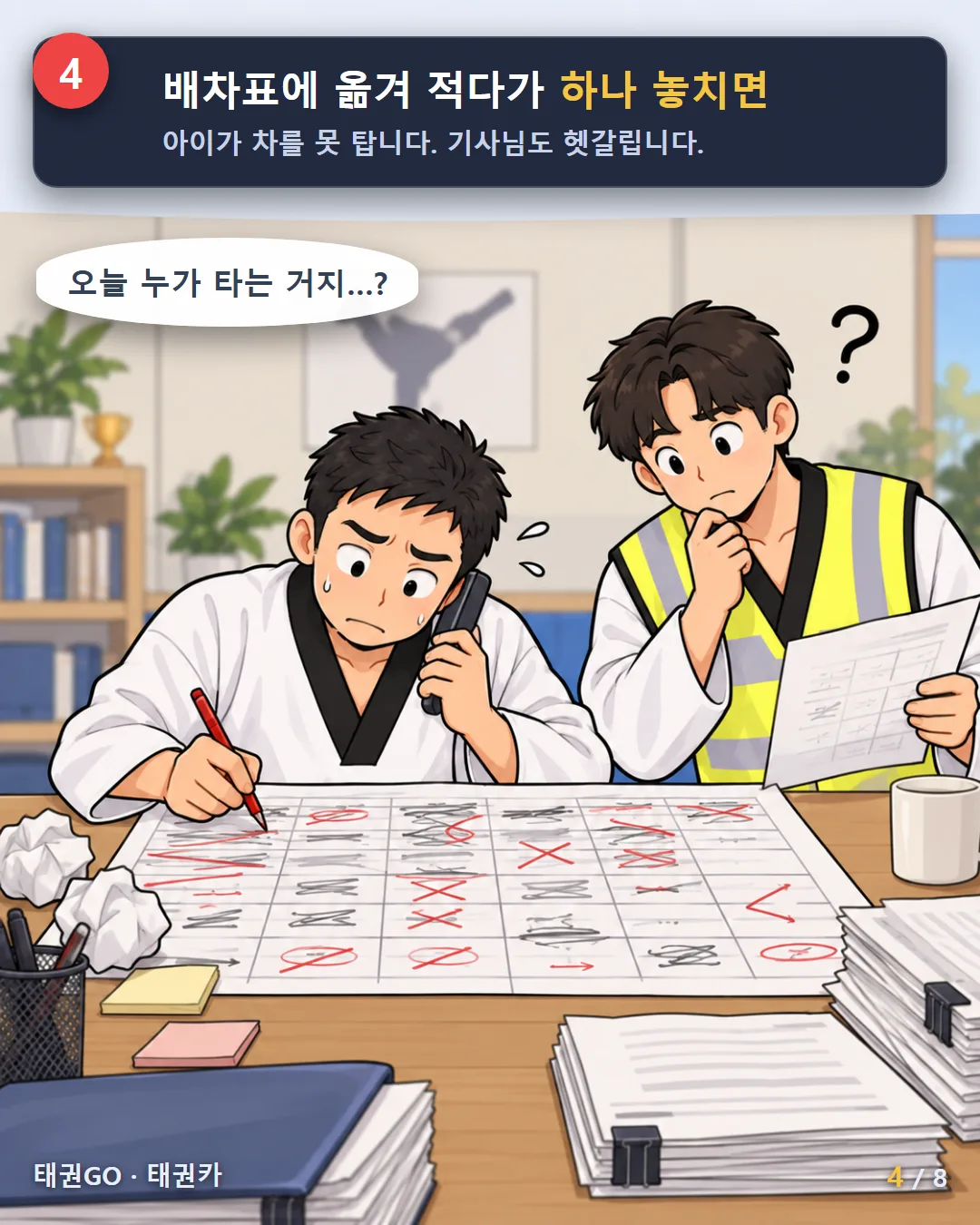 4컷 — 배차표에 옮겨 적다가 하나 놓치면 아이가 차를 못 탑니다. 기사님도 헷갈립니다