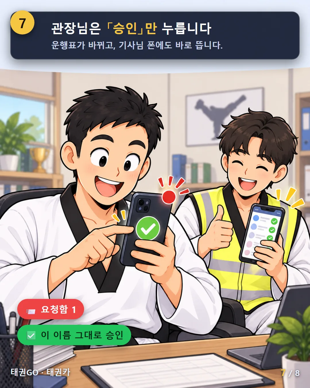 7컷 — 관장님은 승인만 누릅니다. 요청함 1 → 이 이름 그대로 승인. 운행표가 바뀌고 기사님 폰에도 바로