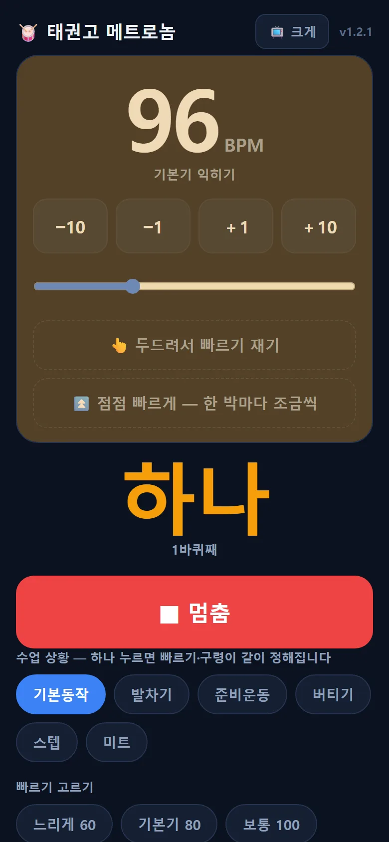 태권고 메트로놈 화면 — 96 BPM 기본기 익히기, 두드려서 빠르기 재기, 점점 빠르게, 큰 글씨로 「하나」 1바퀴째, 멈춤 단추, 수업 상황 칩 기본동작·발차기·준비운동·버티기·스텝·미트