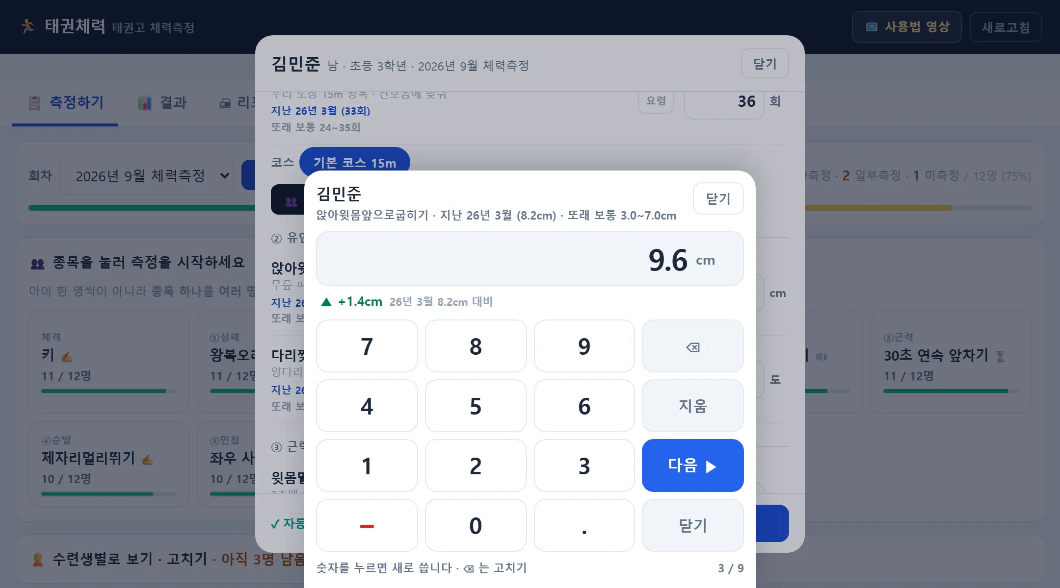 체력측정 큰 숫자판 — 앉아윗몸앞으로굽히기 9.6cm, 지난 8.2cm 대비 +1.4cm, 또래 보통 3.0~7.0cm, 숫자판과 다음 단추