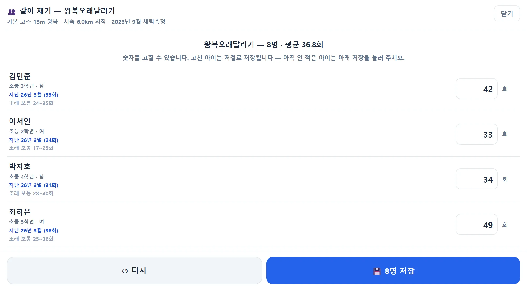 체력측정 같이 재기 끝 — 왕복오래달리기 8명 평균 36.8회, 아이별 횟수와 지난 기록·또래 보통 범위, 다시·8명 저장