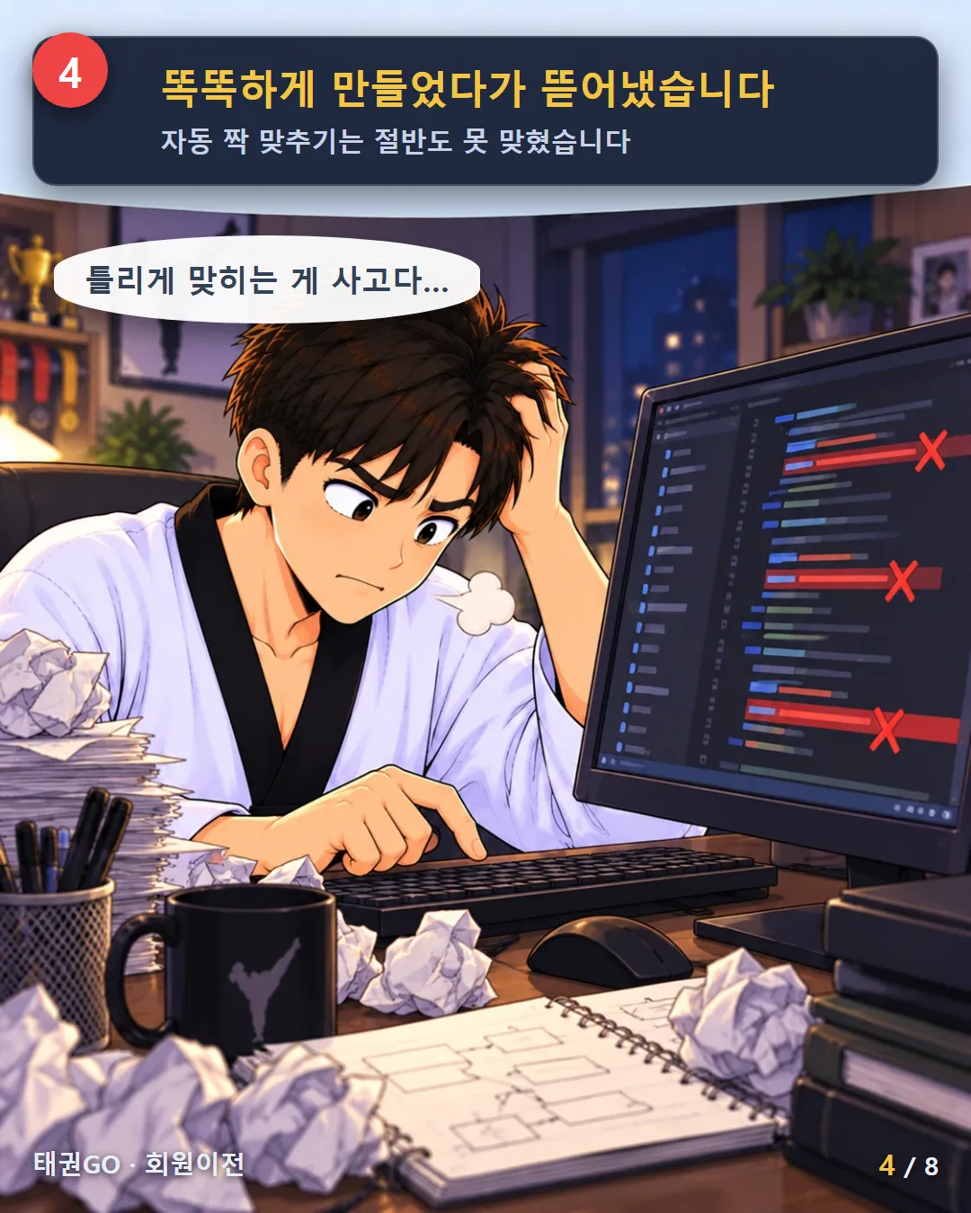 4컷 — 똑똑하게 만들었다가 뜯어냈습니다 — 자동 짝 맞추기는 절반도 못 맞혔습니다