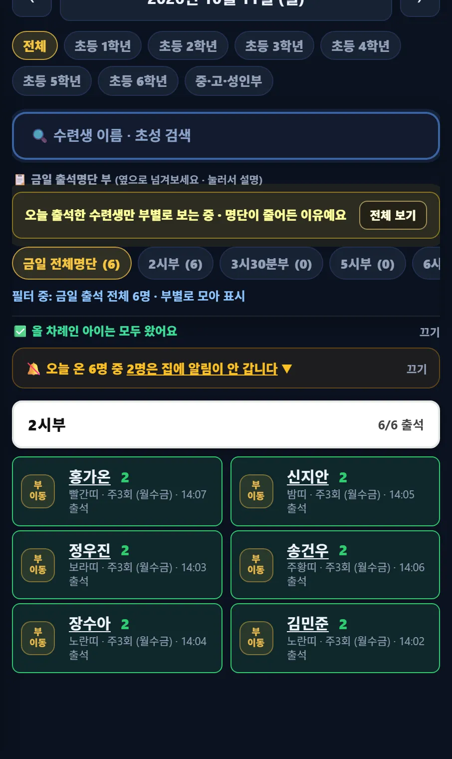 태권고 매니저 출석체크 — 오늘 온 6명 중 2명은 집에 알림이 안 갑니다 줄