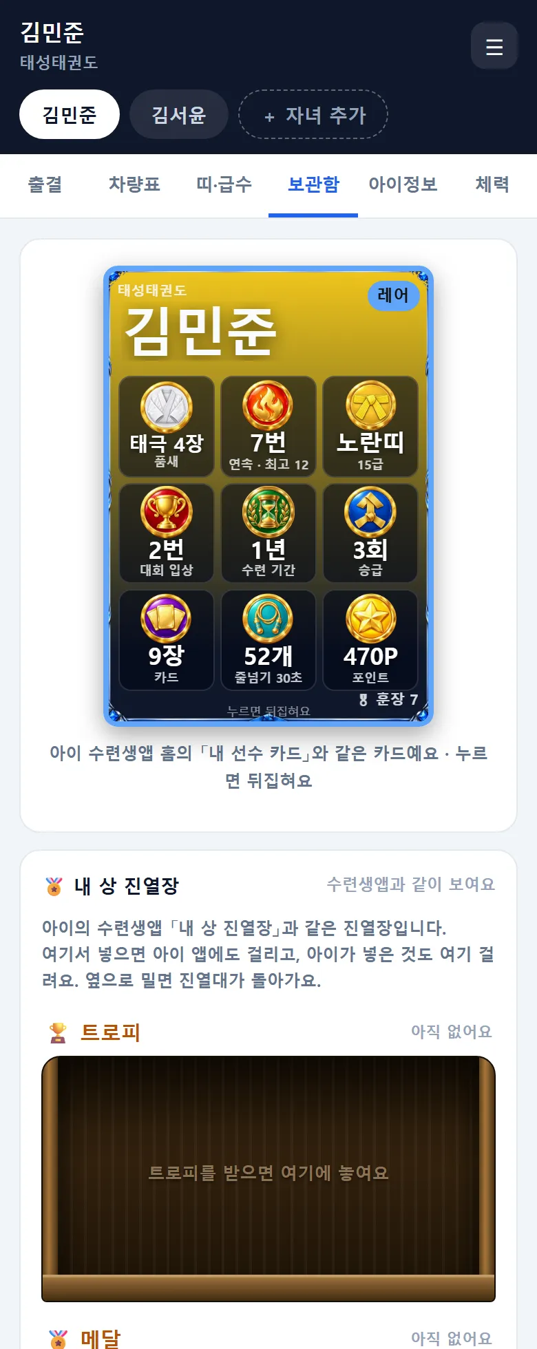 태권고 학부모앱 보관함 탭 — 맨 위 선수 카드(품새 태극 4장 · 연속 7번 · 노란띠 15급 · 대회 입상 2번 · 수련 기간 1년 · 승급 3회 · 카드 9장 · 줄넘기 30초 52개 · 470P), 그 아래 내 상 진열장 트로피 칸