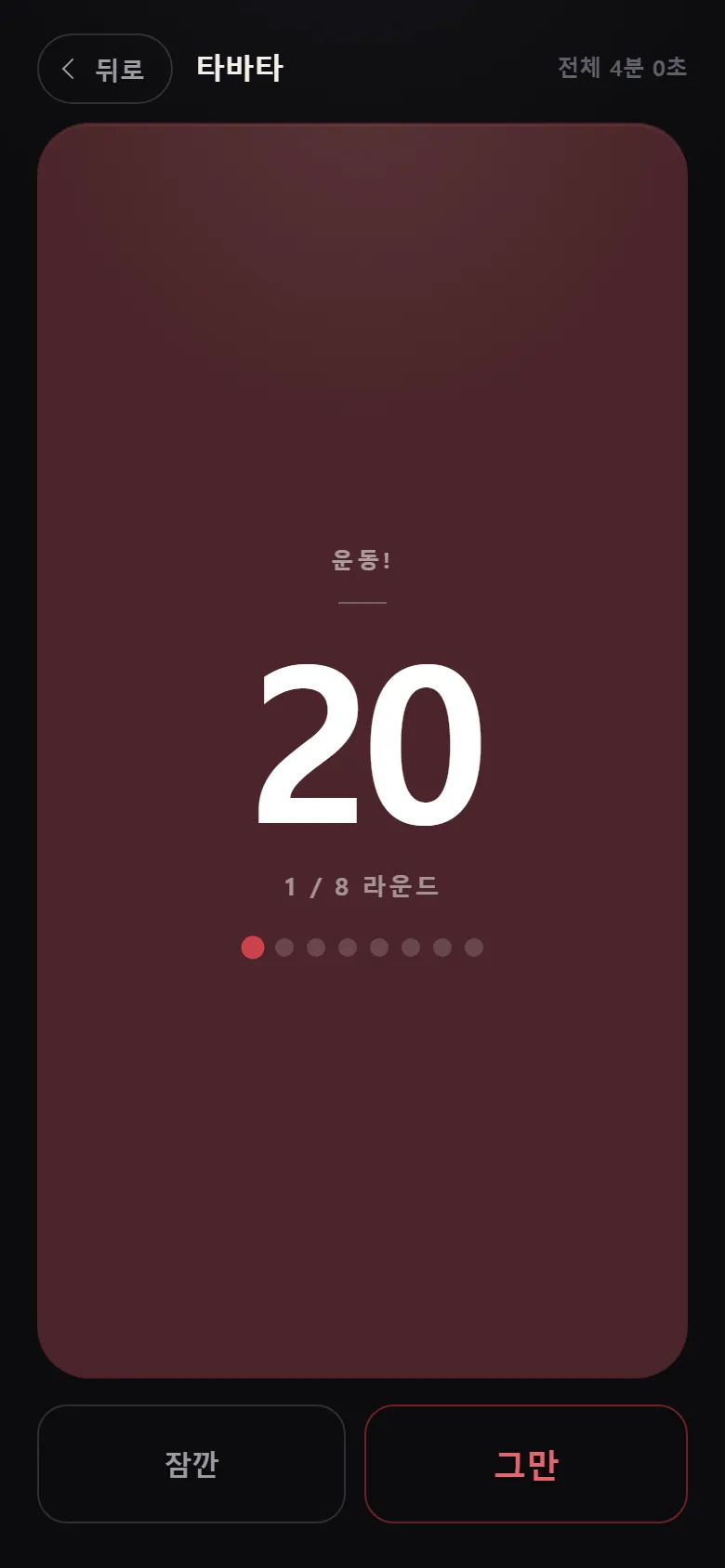 진행 화면 — 운동 20초 · 1 / 8 라운드