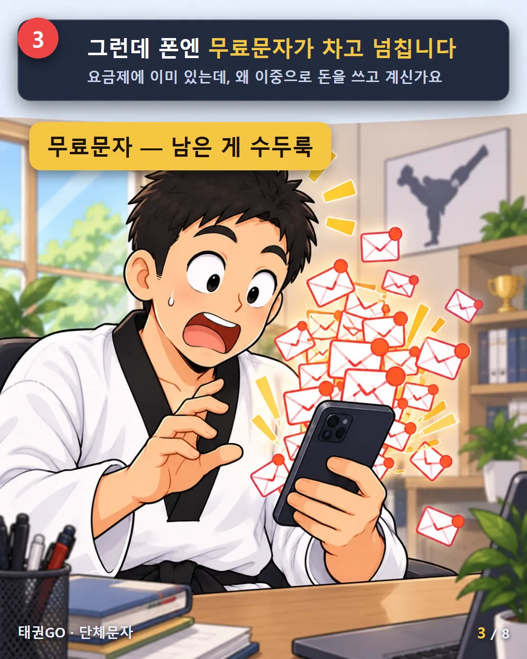 3컷 — 그런데 관장님 폰엔 무료문자가 차고 넘칩니다. 요금제에 이미 들어 있는데, 왜 이중으로 돈을 쓰고 계신가요