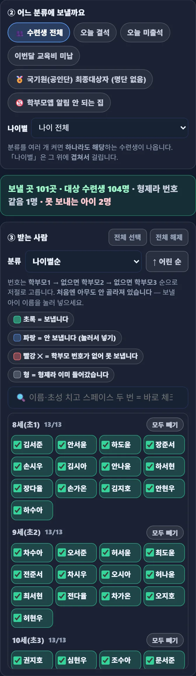 태권고 매니저 단체문자 ② 어느 분류에 보낼까요 — 수련생 전체(켜짐), 오늘 결석, 오늘 미출석, 이번달 교육비 미납, 국기원 최종대상자, 학부모앱 알림 안 되는 집, 나이별. 요약: 보낼 곳 101곳 · 대상 수련생 104명 · 형제라 번호 같음 1명 · 못 보내는 아이 2명. ③ 받는 사람 — 나이별순, 8세(초1) 13/13 모두 빼기, 초록 체크된 이름 단추들