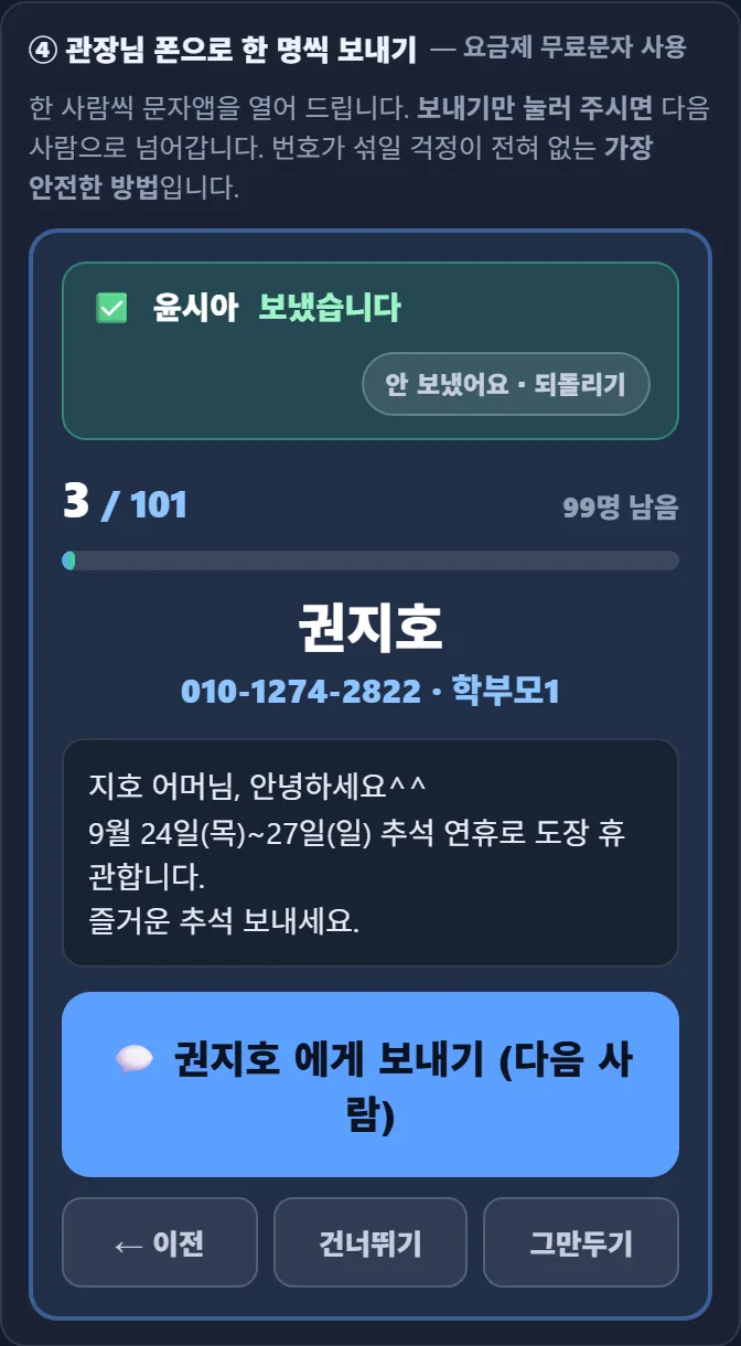 태권고 매니저 단체문자 ④ 관장님 폰으로 한 명씩 보내기 — 요금제 무료문자 사용. 윤시아 보냈습니다 · 안 보냈어요 되돌리기. 3 / 101 · 99명 남음, 권지호 010-1274-2822 학부모1, 지호 어머님 안녕하세요 추석 연휴 휴관 안내, 「권지호 에게 보내기 (다음 사람)」 단추, 이전 · 건너뛰기 · 그만두기